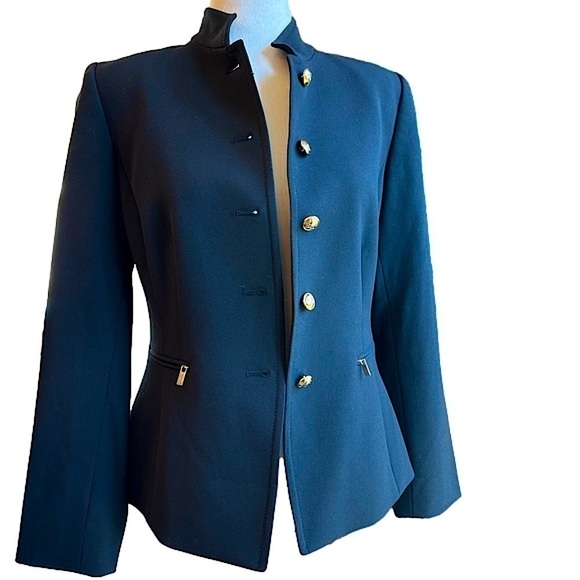 Tahari ASL Blazer Jacket Navy with Gold buttons & zipper pockets women’s sz 4P - Picture 3 of 13